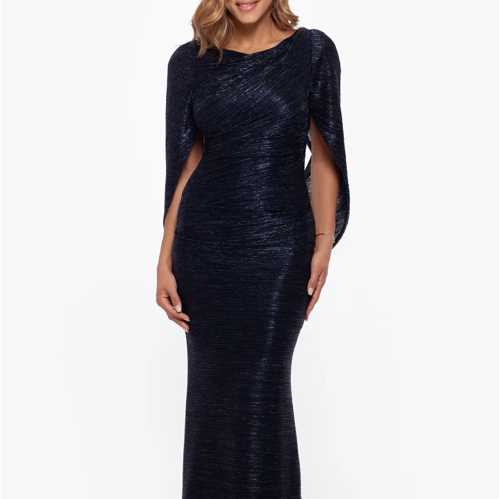 Betsy & Adam Elaine Long metallic crinkle cowl neck back dress
